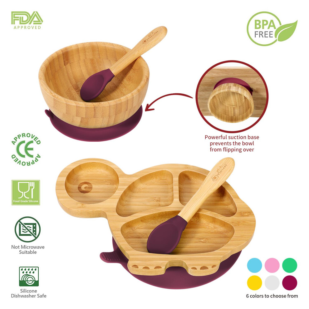Bamboo Turtle Plate Bowl & Spoon Set Suction Stay-Put Design (Pink)