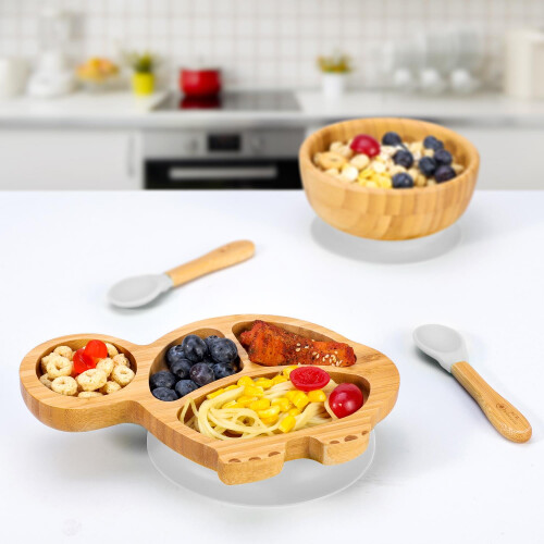 Bamboo Elephant Plate Bowl & Spoon Set Suction Stay-Put Design (Blue)