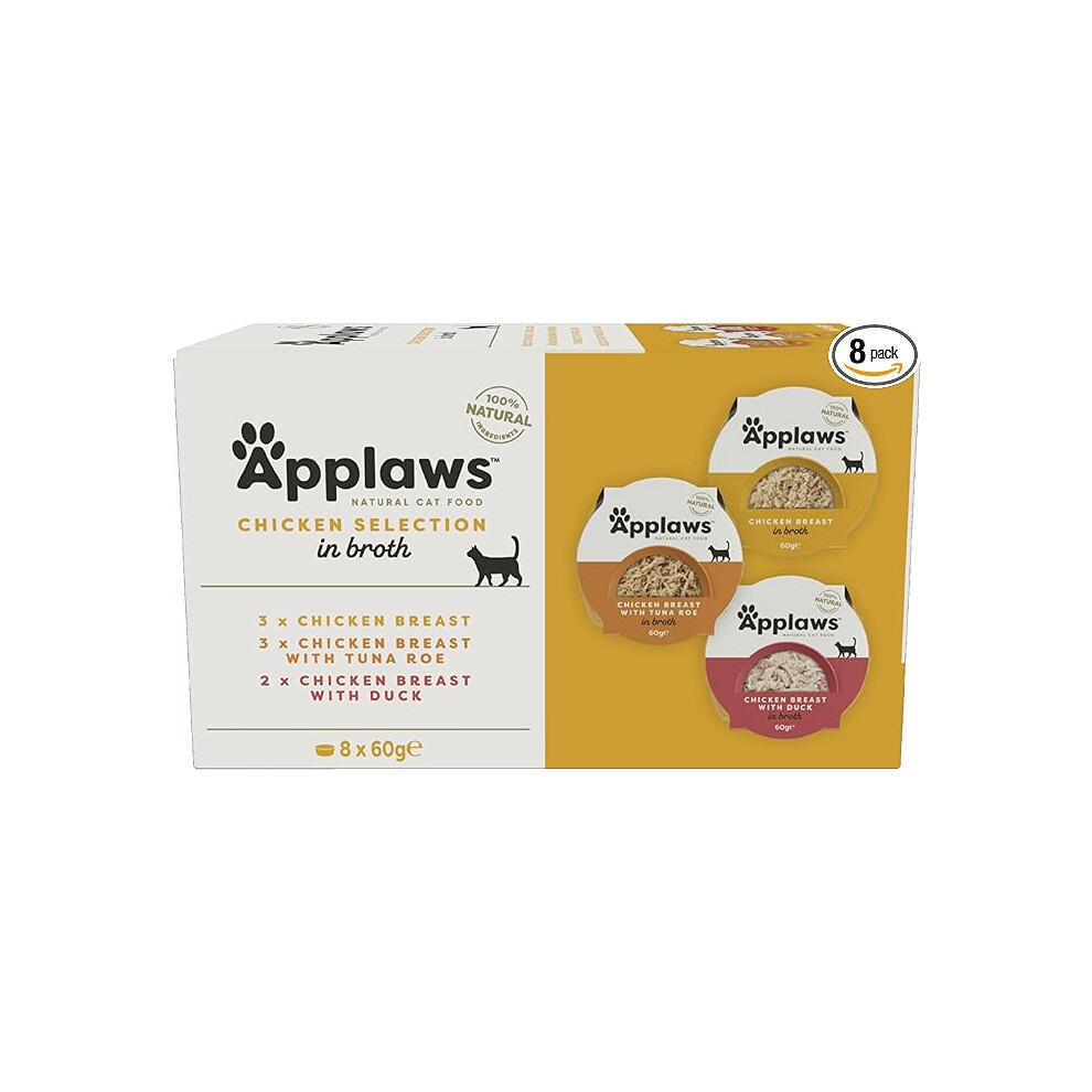 Applaws 100% Natural Wet Cat Food Pot, Multipack Chicken Selection in Broth forAdult Cats - Pack of 8 x 60g Pots