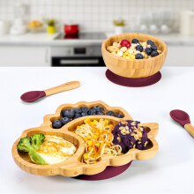 Bamboo Dinosaur Plate Bowl & Spoon Set Suction Bowl Stay-Put Design - GREEN