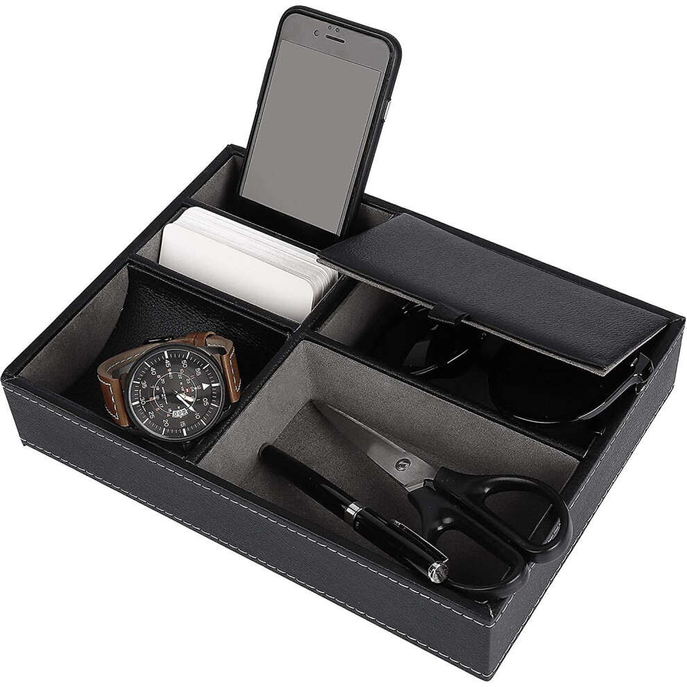 (Black) Leather Valet Tray, Bedside Table, Organiser Box For Desk Or Dresser,storage Caseblack