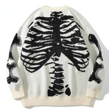 (White, M) Men Oversized Sweater Black Loose Skeleton Bone Print Women Vintage Retro Knitted Sweater Autumn Cotton Pullover Unisex