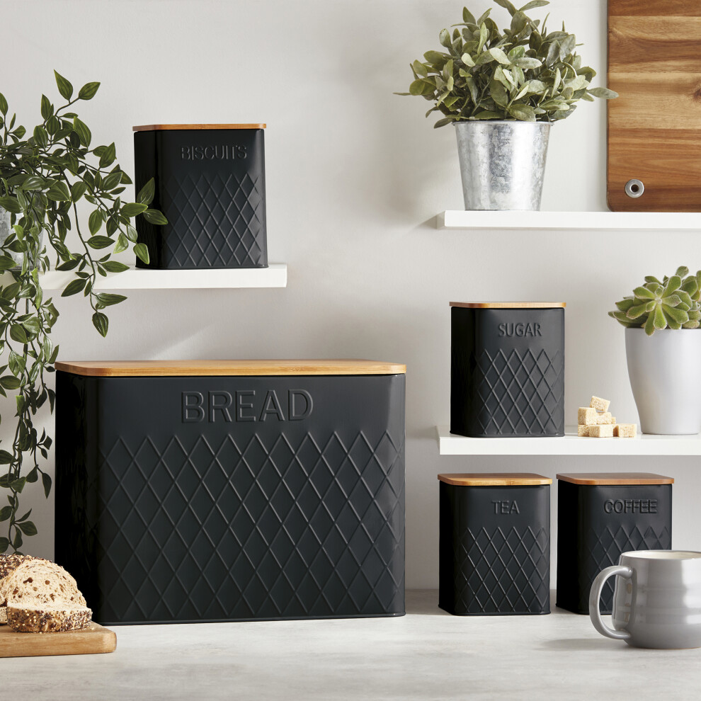 Cooks Professional Square Kitchen Storage Canister Jar Storage Set Bread Bin Sugar Tea Coffee Black