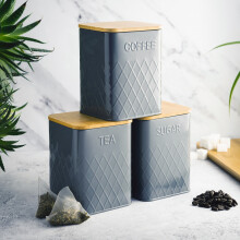 Cooks Professional Square Kitchen Storage Set 3-Piece with Bamboo Lids Tea Coffee Sugar Dark Grey