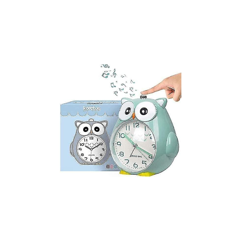 Non-ticking Owl Children's Alarm Clock With Night Light, Snooze Function - Loud Battery Operated Children's Alarm - Green