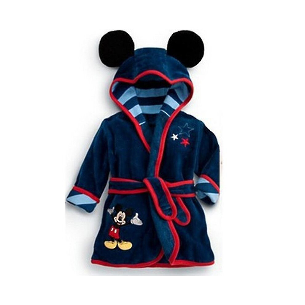 (Navy Blue, 1-2 Years) Baby Kids Mickey Mouse Hooded Bathrobe Fleece Dressing Gown Boy Girl Sleepwear Nightwear