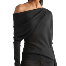 (L) Uoozee Women's Urban Black Asymmetric One-shoulder Top Spring And Autumn Elegant Long Sleeves T-shirt
