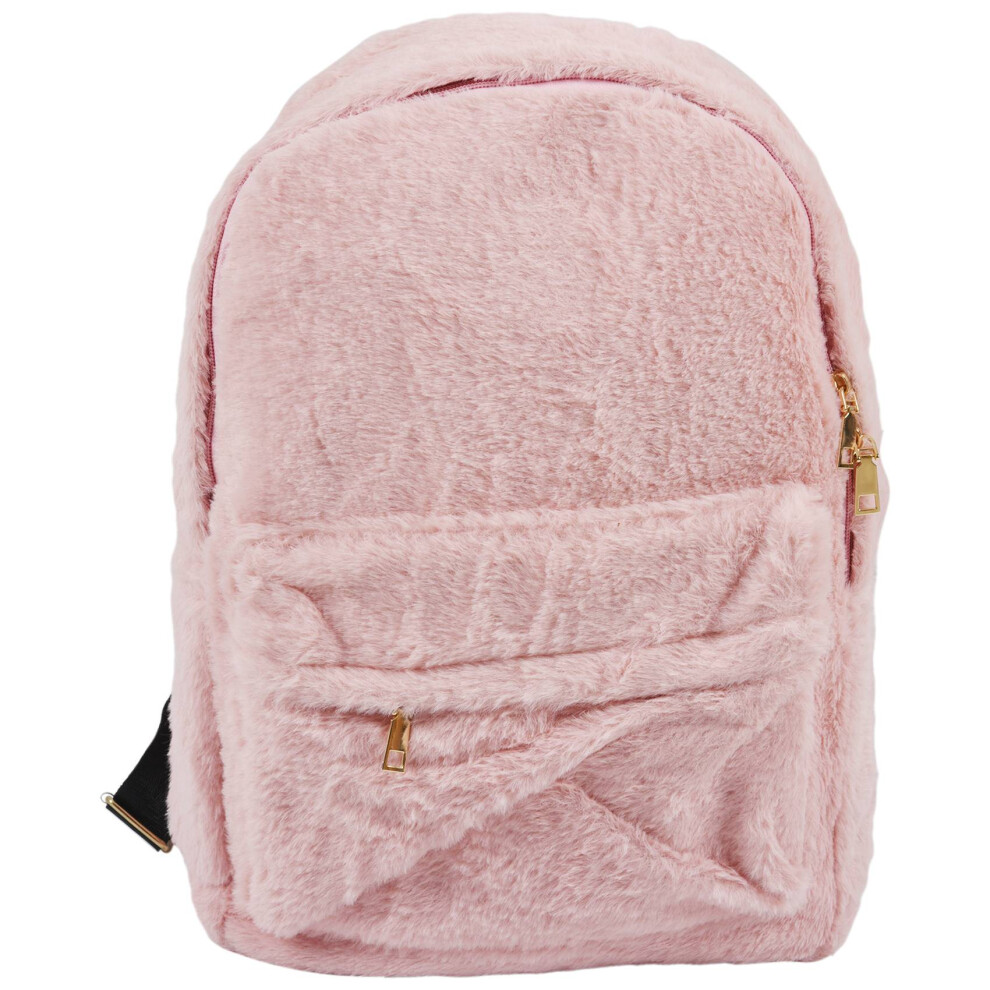 Women Soft Faux Fur Plush Backpack Shoulder Bag Heart Pendant (Pink)