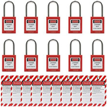 10 Red Lockout Tagout Locks with 10 Tags - Keyed Differently, 20 Numbered Keys, Nylon Body, Stainless Shackle, Reusable Safety Lockout Kit