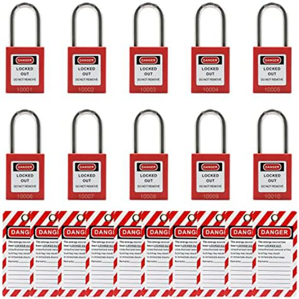 10 Red Lockout Tagout Locks with 10 Lock Tag Out Tags,Keyed Different