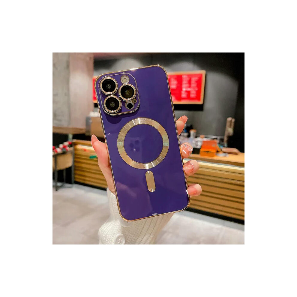 (For iphone 14Promax, Purple) With Camera Lens Protecto Fashion Plating  Case For iPhone 15 14 13 12 11 Pro Max Wireless Charging For Magnetic Magsafe Cover