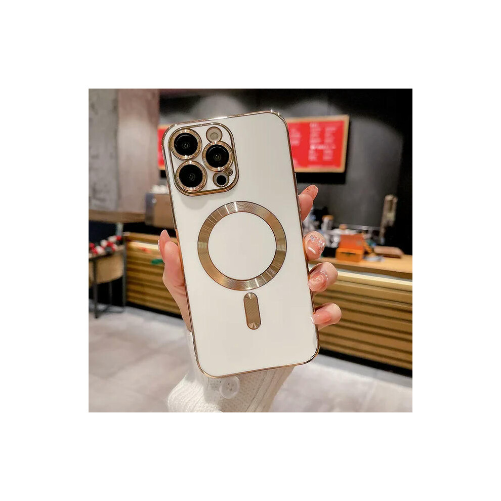 (For iphone 12Promax, White) With Camera Lens Protecto Fashion Plating  Case For iPhone 15 14 13 12 11 Pro Max Wireless Charging For Magnetic Magsafe Cover