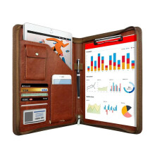 (Brown) Conference Folder Portfolio A4 Zipped Multifunctional Business Clipboard Folder Files Document Leather Organiser Cases PenHolder