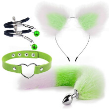 (Green white 1) 4pcs Metal Massager Fox Tail Role Play Cosplay