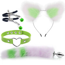 (Green white 3) 4pcs Metal Massager Fox Tail Role Play Cosplay