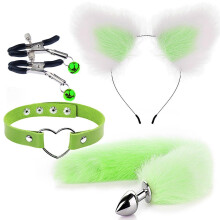 (Green white 2) 4pcs Metal Massager Fox Tail Role Play Cosplay