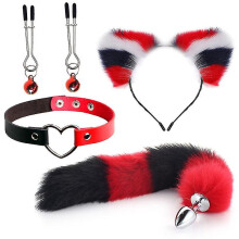 (Red black3) 4pcs Metal Massager Fox Tail Role Play Cosplay