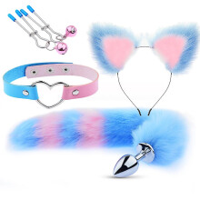 (Blue pink 1) 4pcs Metal Massager Fox Tail Role Play Cosplay