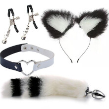 (Black white 1) 4pcs Metal Massager Fox Tail Role Play Cosplay