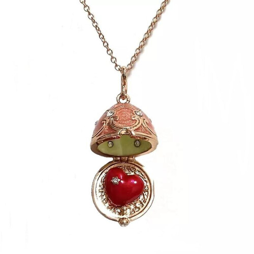 Handmade Enamel Faberge Easter Egg Pendant Jewelry Necklace Antique Bronze Medallion Crystal Heart Inside Gift For Girls
