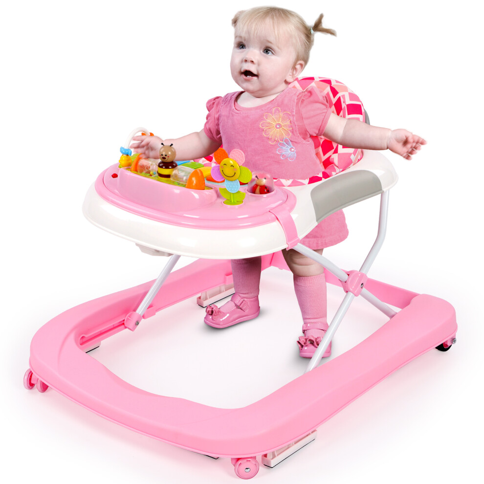 (Pink) 2 in 1 Folding Toddler Walker with Seat & Removable Play Tray, Height & Speed Adjustable Walker with Music and Lights
