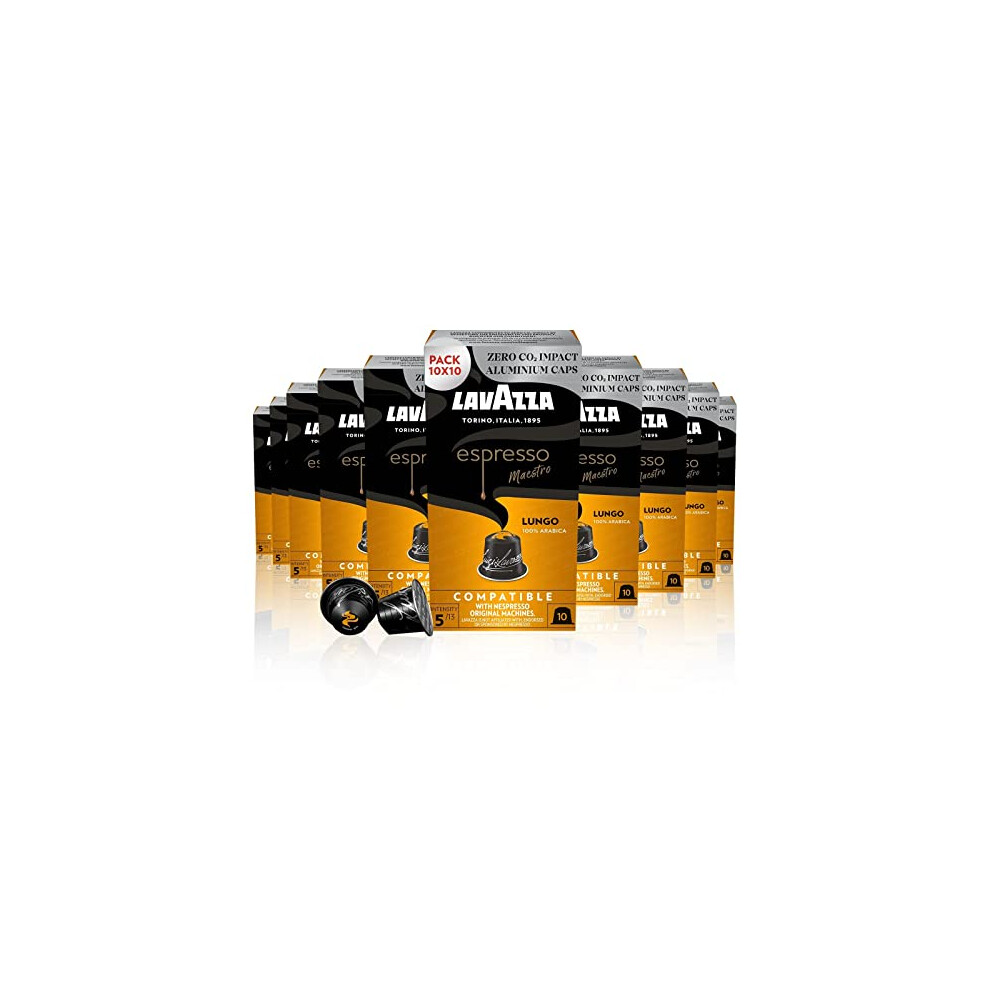 Lavazza , Espresso Maestro Lungo, 100 Aluminium Capsules Compatible With Nespresso Original Machines, Fruit & Flowers Notes, 100% Arabica