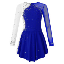 Kids Girls Long Sleeve Shiny Rhinestone Figure Ice Skating Dress Color Block Mesh Splice Ballet Roller Skating Dance Dress