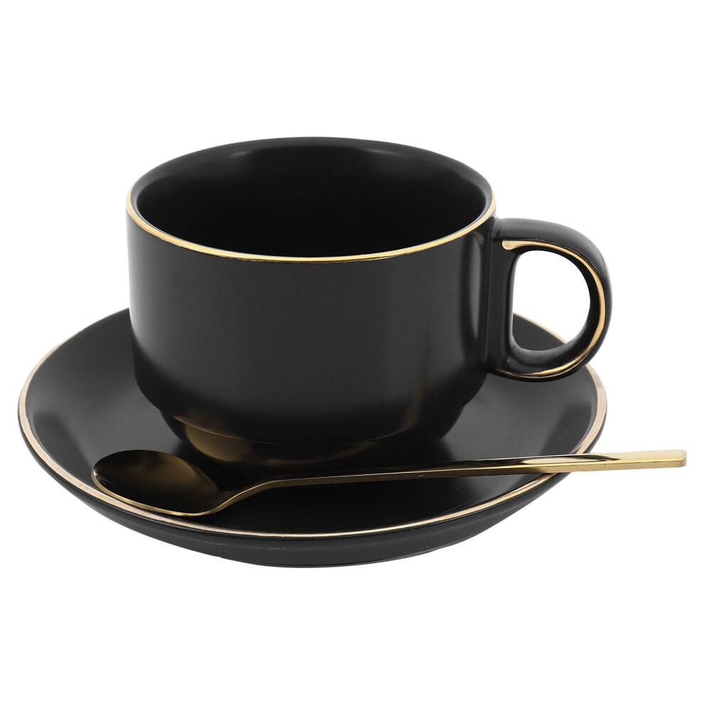 Ceramic Coffee Cup And Saucer Porcelain Tea Cup Set With Stainless Steel Spoon Black 