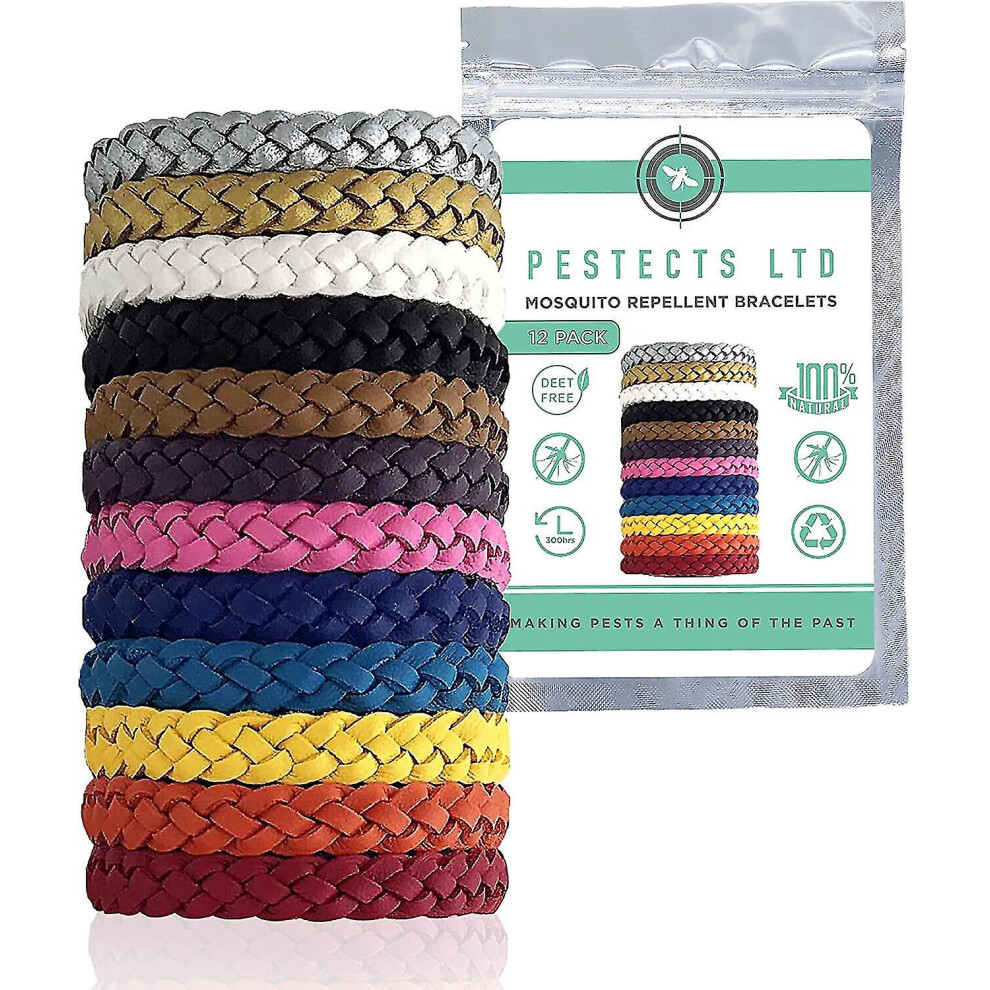 Pestects Mosquito Repellent Bracelet 1/12 Pack, Adjustable Leather Deet-free Bands