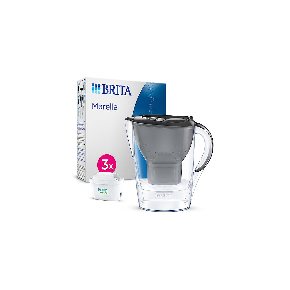 BRITA Marella Water Filter Jug Starter Pack - Graphite (2.4 Litre) with 3x MAXTRA PRO All-in-1 cartridge - fridge-fitting jug with digital LTI