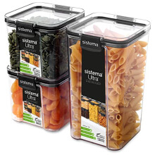 Sistema Ultra Tritan Airtight Pantry & Kitchen Storage Containers | 3 Square Plastic Food Containers with Lids (1x 1.3L + 2x 700ml) | Stackable