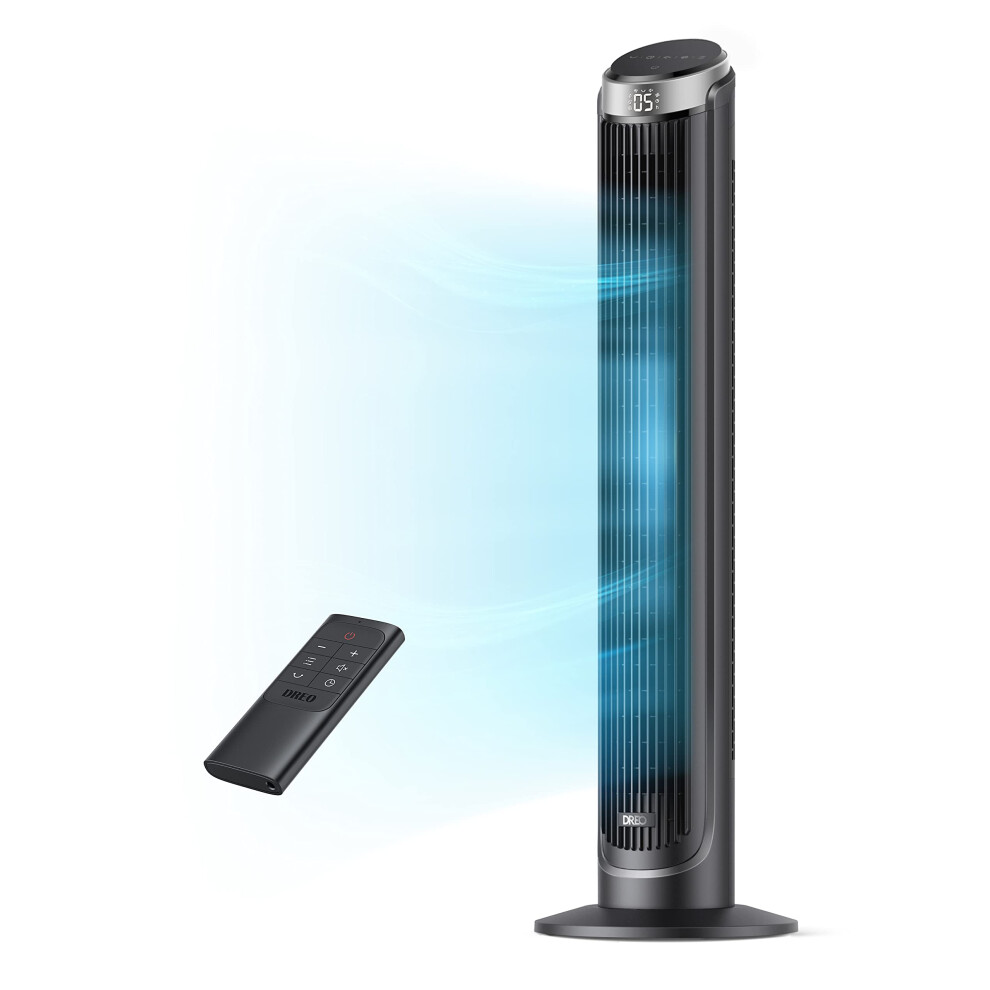 Dreo Silent Tower Fan, 7.3m/s Velocity Electric Cooling Fan, 90 Oscillating Standing Fans with Remote Control 4 Modes 5 Speeds 12H Timer