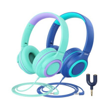 iClever [2 Pack Kids headphones for girls boys 94dB Safe Volume Limited - Wired Headphones with Sharing Splitter, Tangle-Free Foldable Stereo