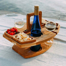 Portable Wine Picnic Table With 2 Bottle And 2 Wine Glasses Holder, 2 In 1 Wooden Wine Table, Champagne Picnic Snack Table For Camping, Beach, Outdoor