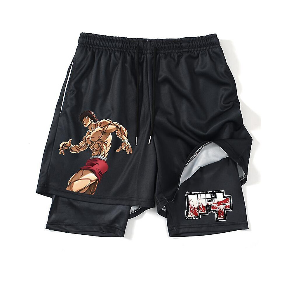 (Black2, XXL) Hanma Baki Anime Gym Shorts Black For Men 2 In1 Mesh Quick Dry Board Shorts Mens Bodybuilding Fitness Running Short Pants Summer