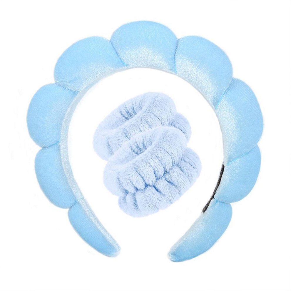 (Blue) Spa Headband And Wristband Scrunchies Skincare Headbands For Women Makeup, Terry Cloth Towel Head Band For Skin Care Washing Face Shower Blue