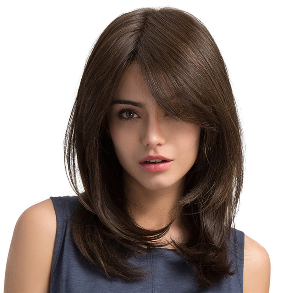 Women Hair Wigs Ladies Party Daily Natural Wave Dark Brown Side Parting Synthetic None Lace Wigs with Bangs
