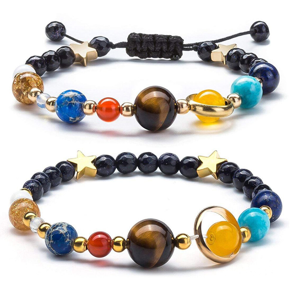 Women Girls Solar System Bracelet Universe Galaxy The Eight Planets Star Natural Stone Beads Bracelet Bangle for Men, 2 Pcs Set