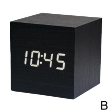 (Black) Wood Cube Led Alarm Voice Control Digital Desk Bedside Clock Wooden Temper Fast