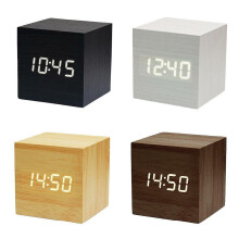 (White) Wood Cube Led Alarm Voice Control Digital Desk Bedside Clock Wooden Temper Fast