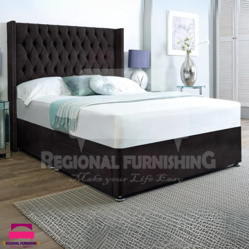 (3ft-Single(Without Drawers), Black Plush) DIVAN BED FRAME 54"WINGED HEADBOARD WITH MATTRESS