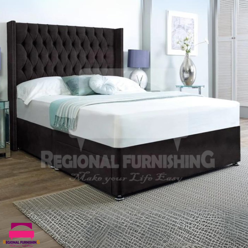 (4ft6-Double(With 2 Drawers), Black Plush) DIVAN BED FRAME 54"WINGED HEADBOARD WITH MATTRESS