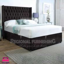 (5ft-King(Without Drawers), Black Plush) DIVAN BED FRAME 54"WINGED HEADBOARD WITH MATTRESS