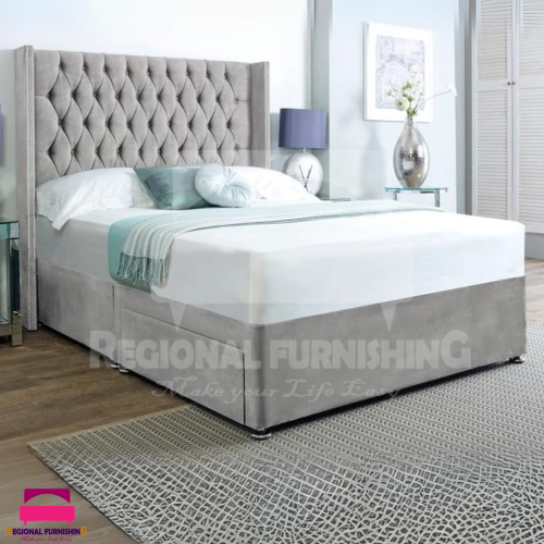 (5ft-King(Without Drawers), Silver Plush) DIVAN BED FRAME 54"WINGED HEADBOARD WITH MATTRESS