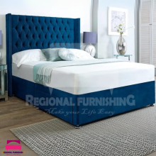 (6ft-SuperKing(Without Drawers), Royal Blue Plush) DIVAN BED FRAME 54"WINGED HEADBOARD WITH MATTRESS