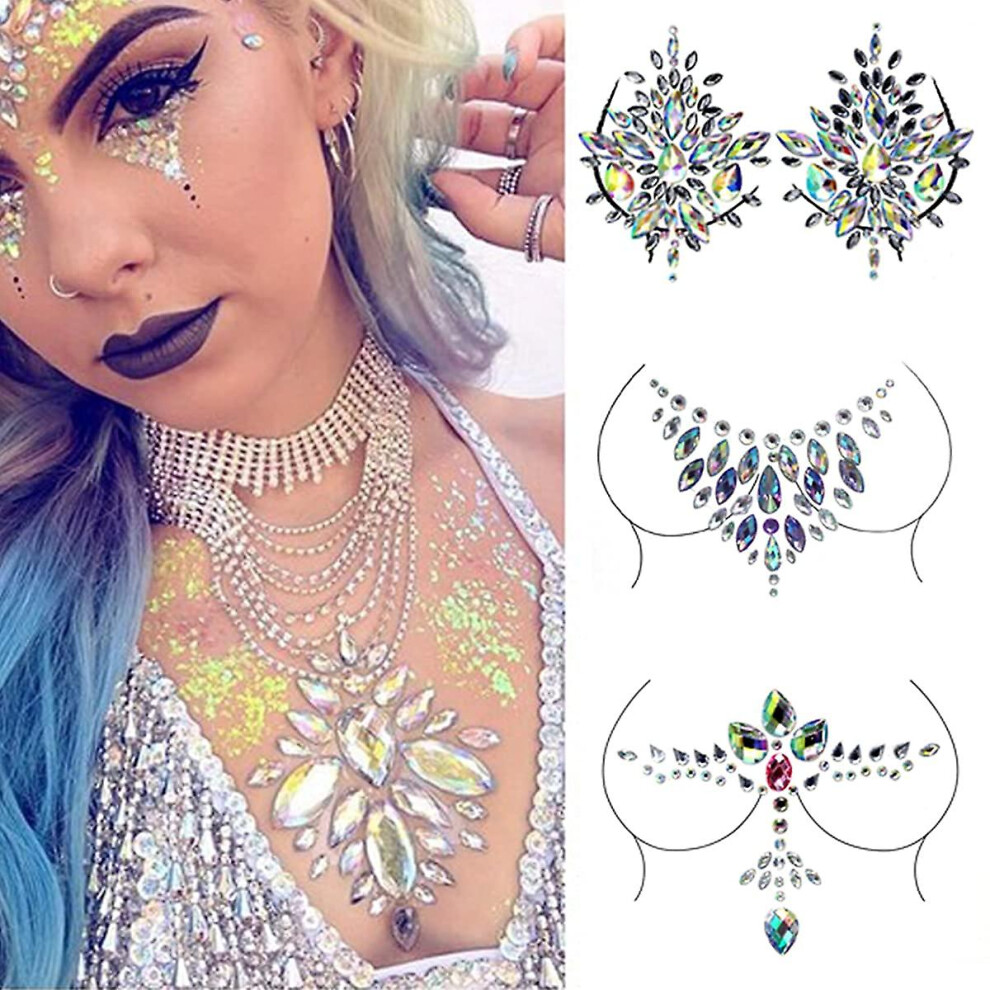 Breast Jewels Tattoo Stickers Rhinestone 3pcs Glitter Gem Temporary Tattoos Stickers Crystals Mermaid Body Jewelry Stickers For Women Makeup Body Art