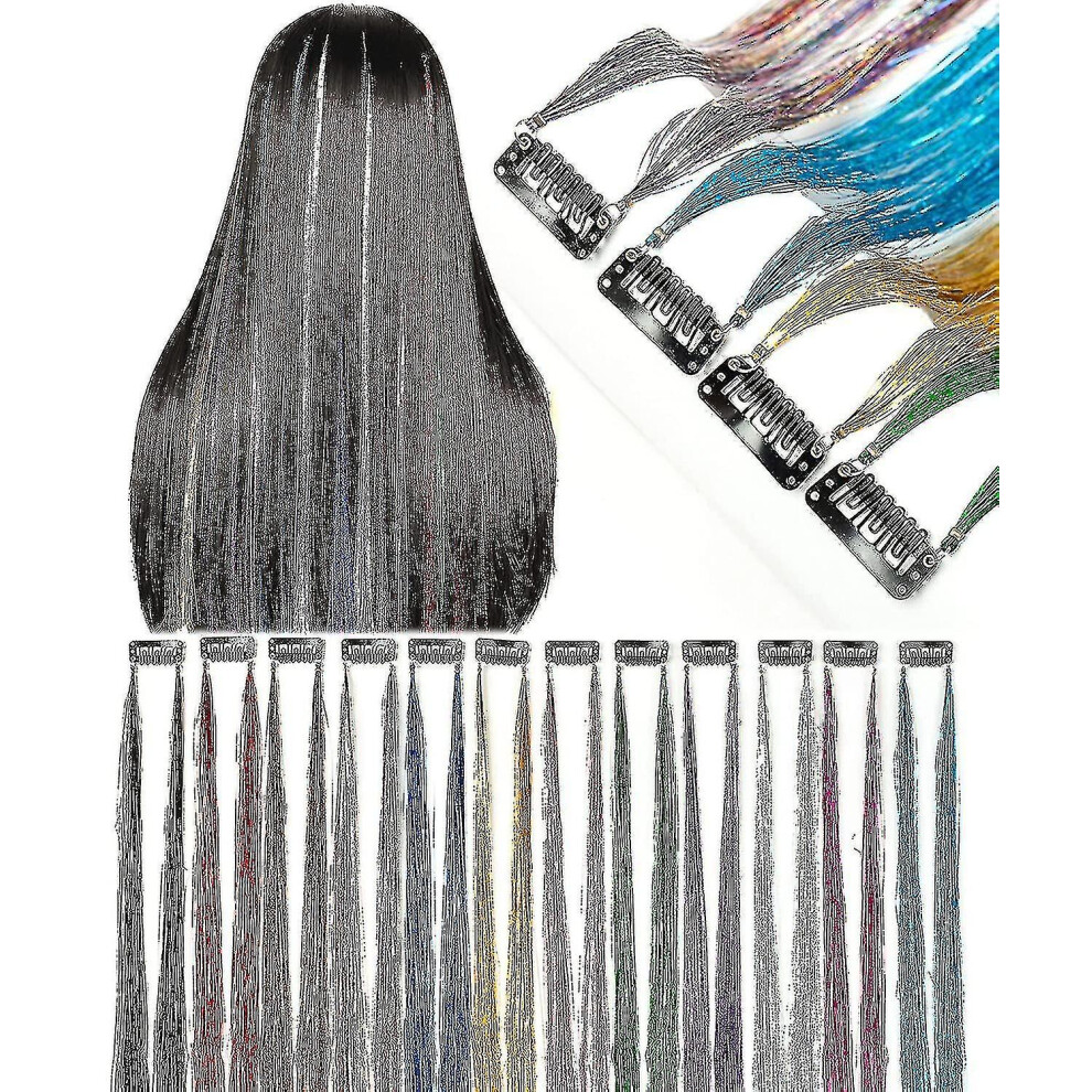 Unisex Hair Tinsel Heat Resistant Fairy Hair Tensile Sparkly Glitter Hair Extensions 20 Inch Hair Tinsel Clip In Hair Glitter Strands Tensil Rainbow Tinsel F