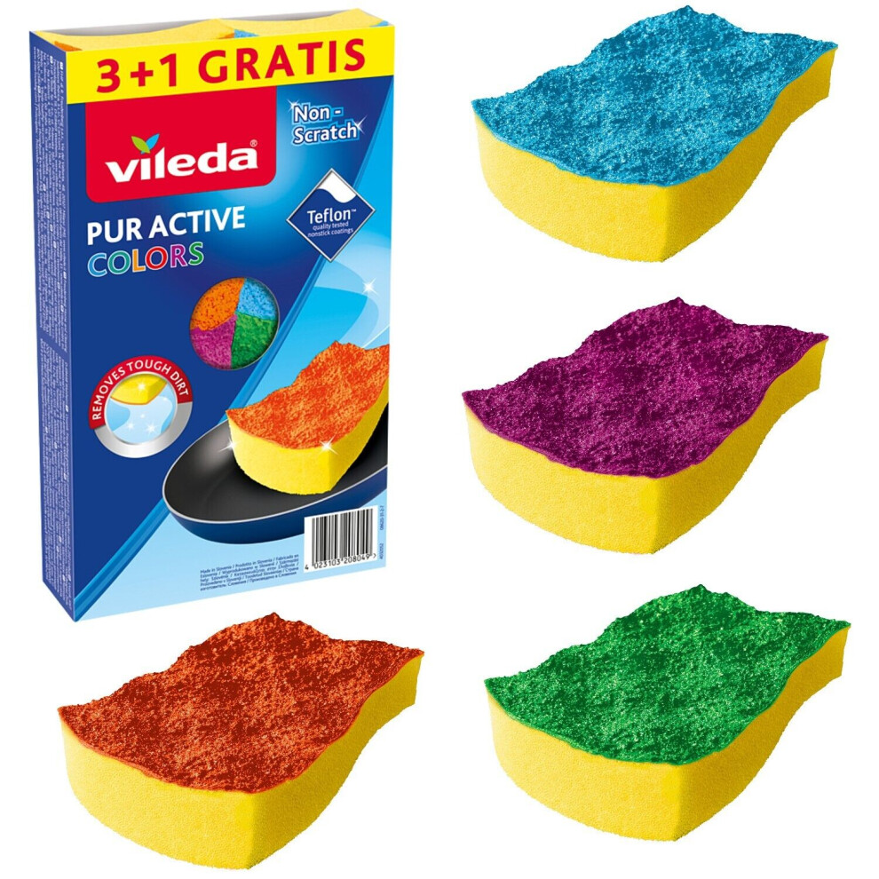 4-Pack Vileda Colors Pur Active Kitchen Sponge Teflon Anti Scratch Cleaner Dishes