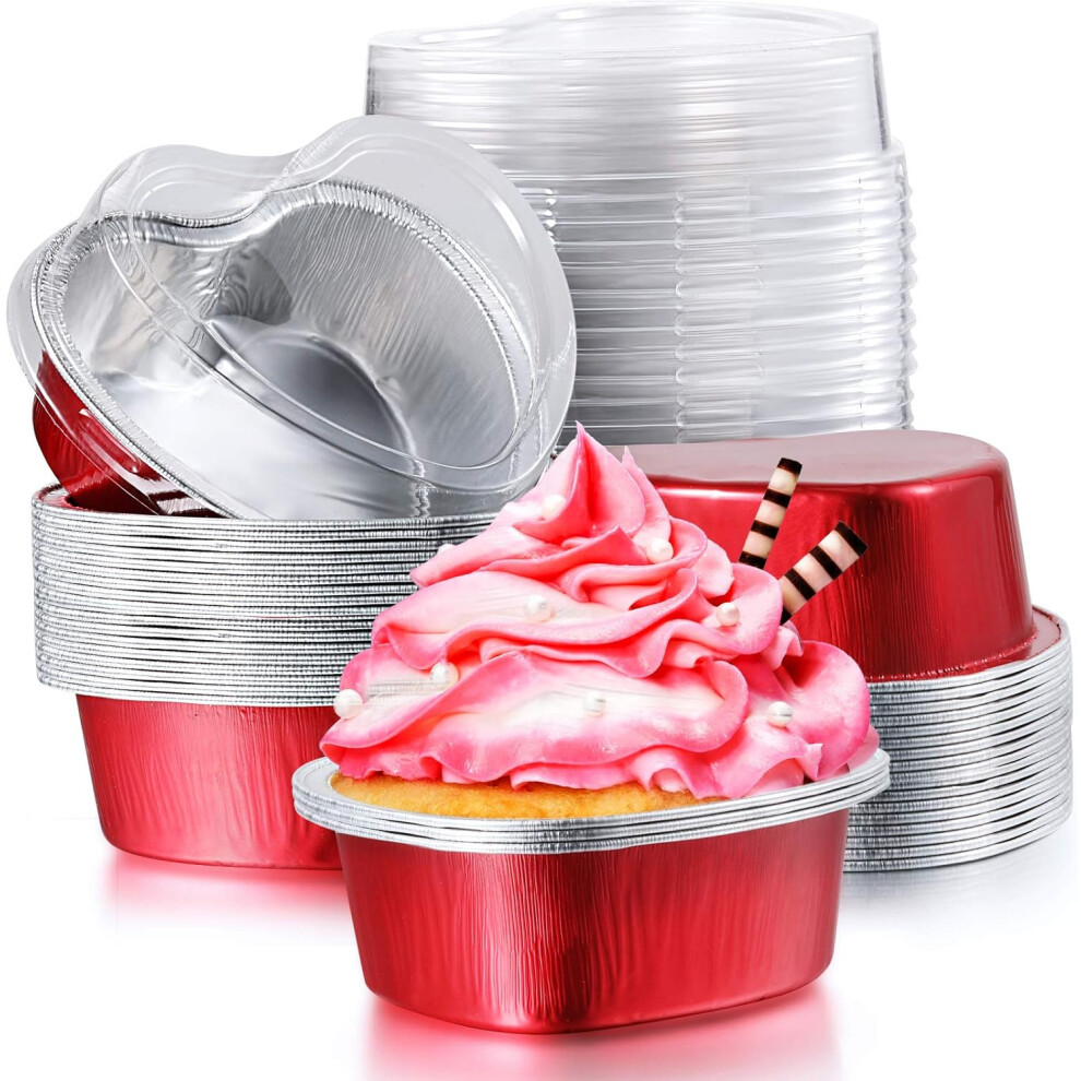 40pcs Aluminum Foil Cake Pan Heart Shaped Cupcake Cup With Lids