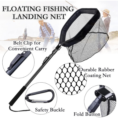Floating fishing net Folding landing net with fixed pole Soft rubber coated net 1